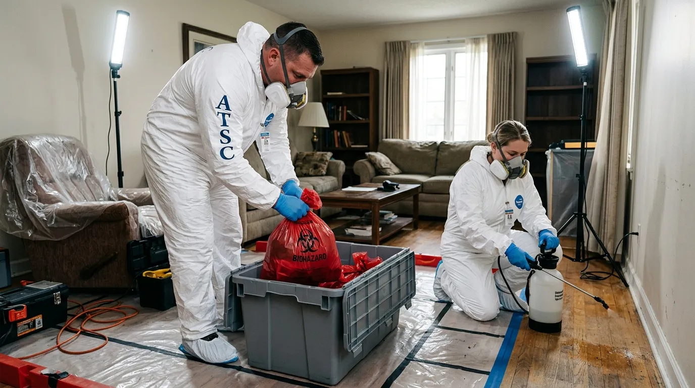 Professional Biohazard Cleanup technician in full PPE working in Morton Grove